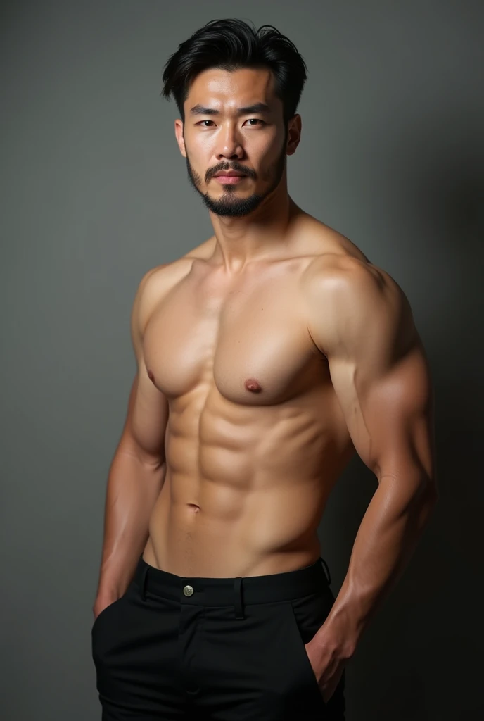 Actor Huang Ming Yu, 30 years old, handsome and masculine, very little beard, shirtless showing off sexy sculpted body, wearing jet black office pants 