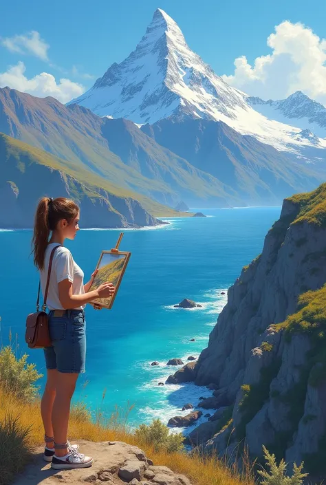 Girl painting the beauty of the mountain range and the Chilean sea