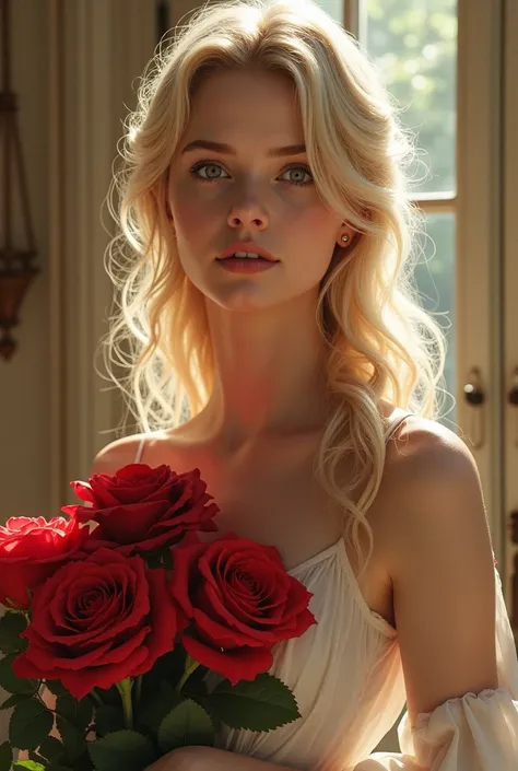 A girl with blond hair and bouquets of red roses on her arm in the house