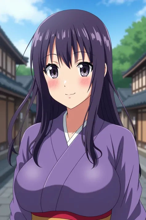 close-up shot of a person with long hair and purple kimono, cowboy shot, Hinata Hyuga, Hinata hyuga from the anime naruto, as an anime character, perfect anime face, she has purple hair with bangs, (big breasts: 1.4), female anime character , anime charact...