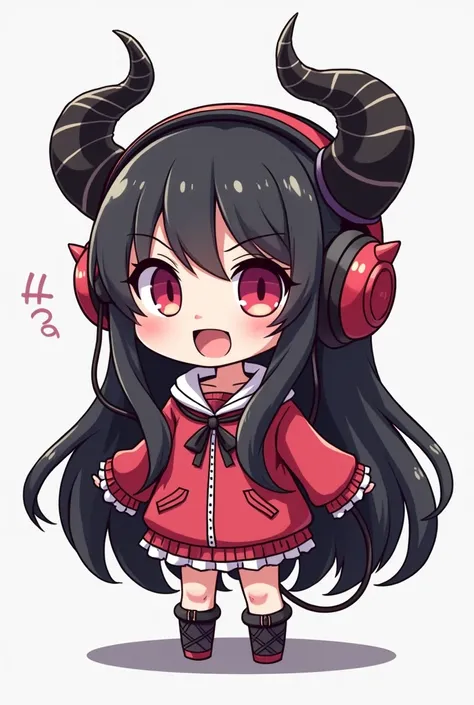 a cartoon drawing of a girl horned and headphones, mika kurai demon,  demon anime girl , demon girl, chica monstruo Chibi, anime monster girl, Albedo of Overlord, Chibi, horned, albedo from the anime Overlord, sprite 2d,  anime moe art style , with black h...