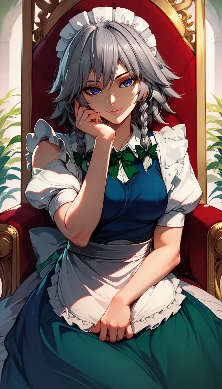 1girls, solo, female_focus, , sitting, , throne, pants, , looking_at_viewer, eye_of_horus, , , ,, smile, chain, closed_mouth, , , traditional_media, ,head_rest, SAKUYA
MAID HEADDRESS, IZAYOI SAKUYA, BRAID, TWIN BRAIDS, GREY HAIR, SHORT HAIR, SAKUYA, SOLO, ...