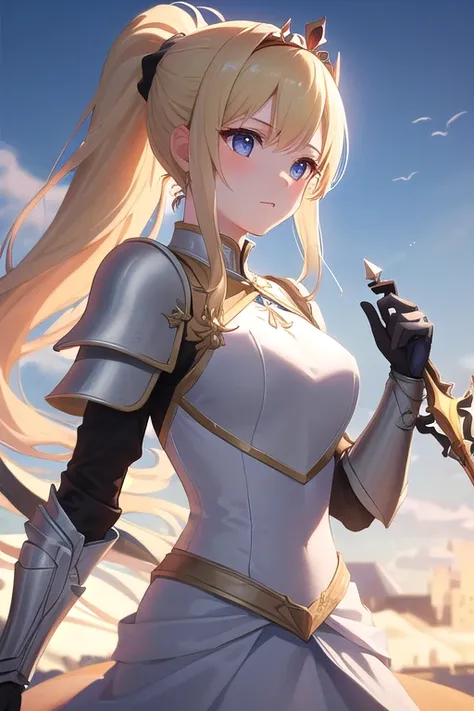 ((best quality)), ((masterpiece)), (detailed),1girl。 blonde hair ponytail。 tiara 。Prairie with castle views  。Light Armor。 white dress。Rapier。