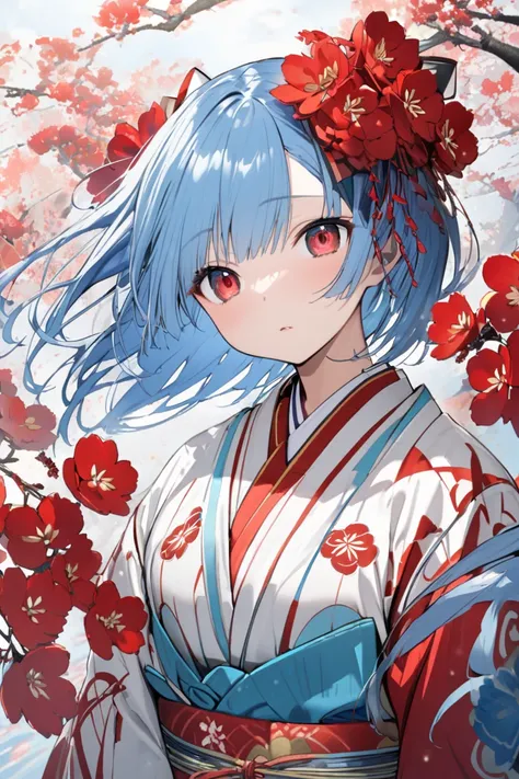 Japanese girl, Sky blue haired ,  with red and white kimono, 18-year-old bright red full-bodied eyes