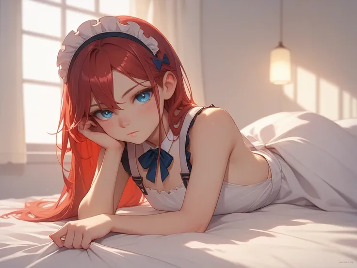 A red hair blue eyes young girl in a maid suit and white suspenders lies on a bed covered with white sheets，Bright indoor lighting，The décor is modern and simple。