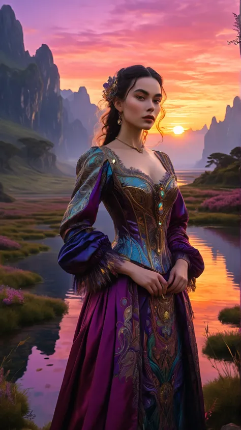 half body of A woman of rokkoko and advantgarde  styles, she  gazes straight at the viewer. frontview,She is standing amidst a magical landscape filled with an aura of mystery. Create this image, reflecting a fantasy setting.sunset, Aim for a style reminis...