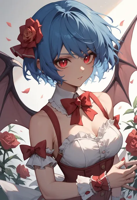  1 girl, Alone, scarlet remiria, Wings,  have , flower, Bat Wings, red eyes,  wrist cuffs ,  short hair,  have  ribbon,  upper body, ribbon, Vertical pupil,  look at the viewers,  blue hair,   Masterpiece ,  best quality,