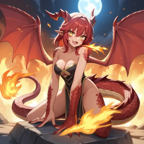 1girl, score_9, red scales, gold eyes, red hair, dragon girl, dragon tail, full body, fang, fire, upper body, cleavage