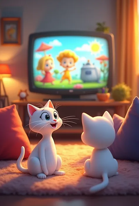 There is a house and in the living room there is a white cartoon cat watching TV and a cartoon is playing on the TV.