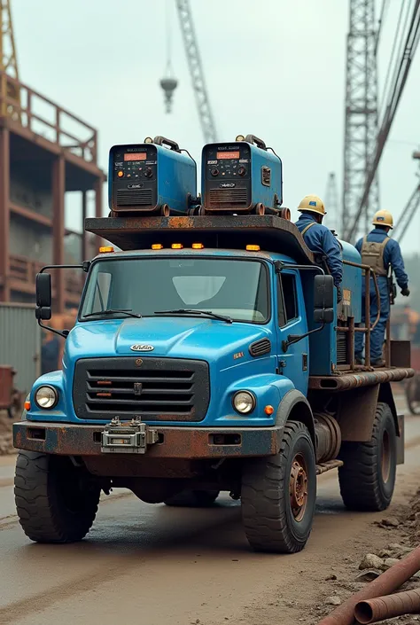  Create a truck with a body with two welding machines on top and a generator, Team 1 in the color blue ,  super realistic  