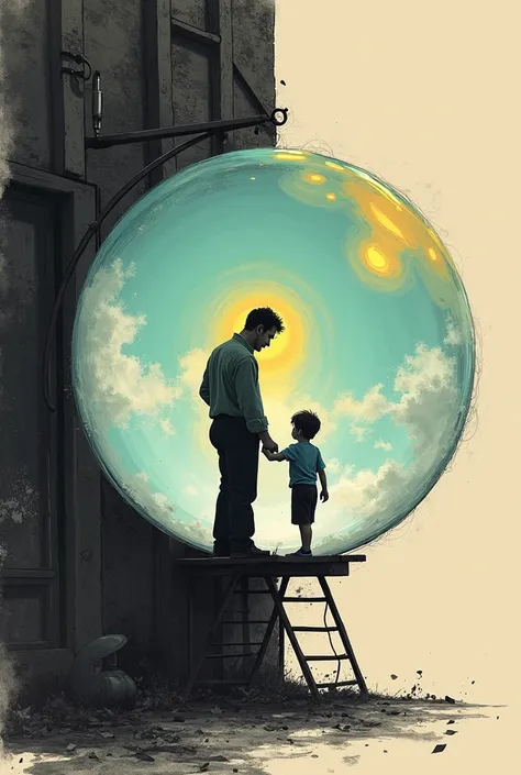 Could you create an illustration based on the movie Life is Beautiful,  the drawing will be of a father inside a color bubble playing with his son while outside he is all plunged into chaos in a German concentration camp in black and white?