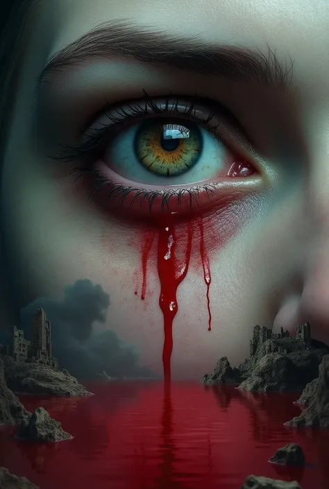 An eye  ( preferably a piercing eye ,  almost supernatural skin )  with a blood tear coming down ,  symbolizing the pain and anger associated with revenge .  The background could be a dark sky or a devastated urban scene,  and the eye could be reflected in...