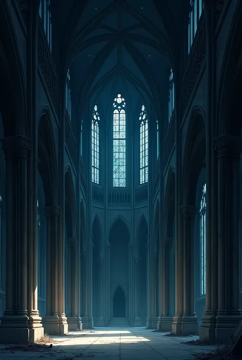 Inside of abandoned Cathedral at night in 2d anime Version 
