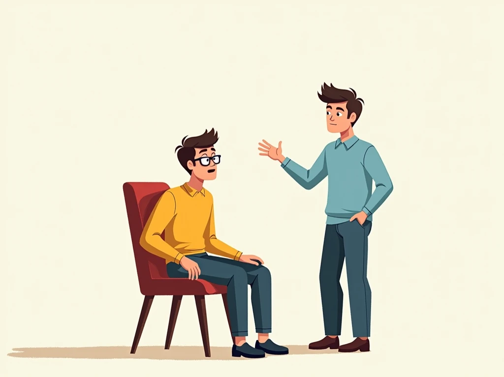 Draw a scene with two young men in a minimalist room. One is sitting in a chair, leaning forward as if hesitant or uncertain, preparing to get up, wearing a yellow shirt and glasses. The other, wearing a light blue shirt, stands confidently nearby, gesturi...