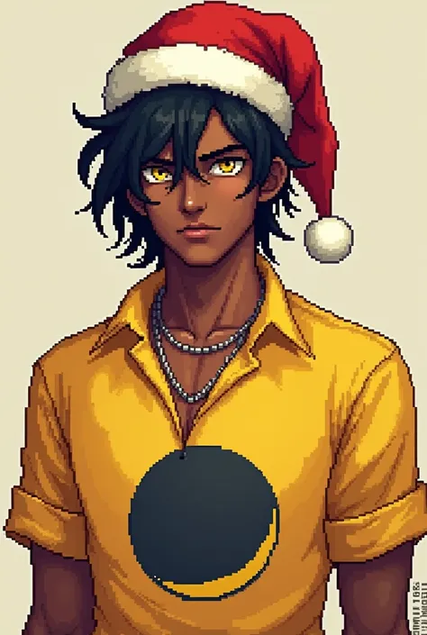 Make a male character with a dark skin tone yellow eye and with black and fallen hair like an Indian, I want a Christmas hat over my head ,  I want a yellow shirt with a moon in the middle  , pixel style