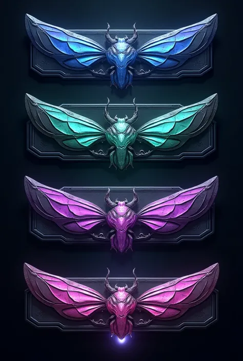 "Design a set of modern gaming buttons for a streaming overlay. Final Fantasy Style. hyper realistic, 3D, metallic textures, and a medieval futuristic decor design. Cyber Beetle wings, rectangle button, no text, no words. Use vibrant colors like electric b...