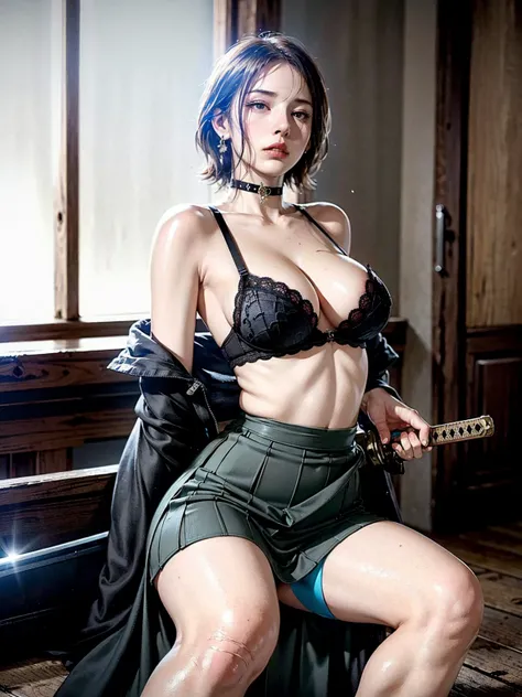 Create an ultra-detailed 8k manga illustration of a young battoujutsu woman in a seductive pose against a bar. She is lying on the bar floor, her right hand lifting her skirt (skirt lift:1.5), knees bent, and her body leaning slightly forward. The pose con...