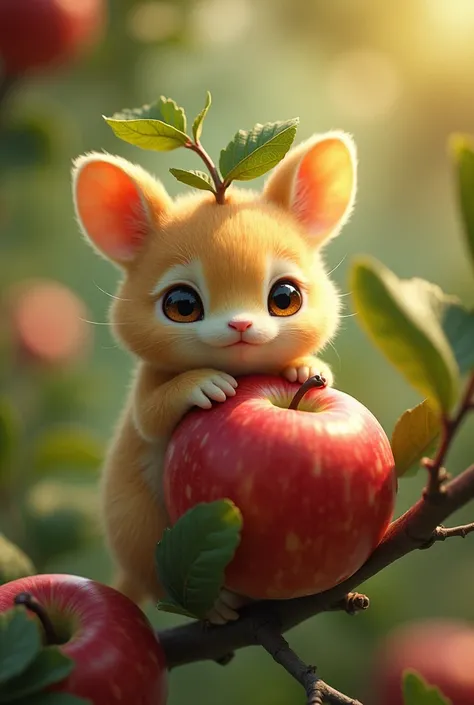 Apple Orchard Keeper**: Imagine a small creature with a rounded body, big ears, and innocent eyes, with a small leaf perched on top of its head. It lives in an apple tree, surrounded by ripe fruits and delicate flowers. The creature creates a bridge betwee...