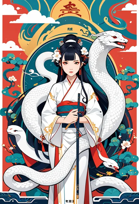 cover page, The Legend of the White Snake, Bai she zhuàn , flat Design, vector illustrations, graphic illustration, detailed 2d illustration, flat illustration, digital illustration, digital artwork,