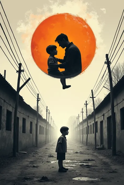 Could you create a design based on the movie Life is Beautiful ,  the drawing will be of a father inside a color bubble playing with his son while outside he is all plunged into chaos in a German concentration camp in black and white?