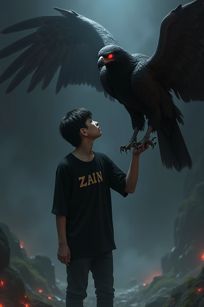 Make that "a 19 year old boy standing in a smoke place at night time  wearing black fant,shirt and in one hand an big eagle set on his hand eagle with red eyes and full black color and write "zain" on the boys shirt