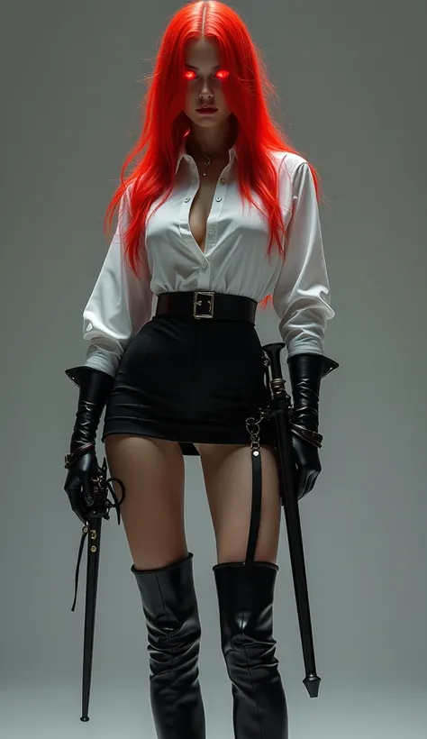 A digital art of a medieval assassin woman with red hair and glowing red eyes is wearing a black mini-skirt with white shirt paired with ultrahigh pole heels