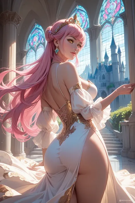 A very beautiful princess with big boobs big ass pink hair golden eyes in a castle wearing a very refined royal dress