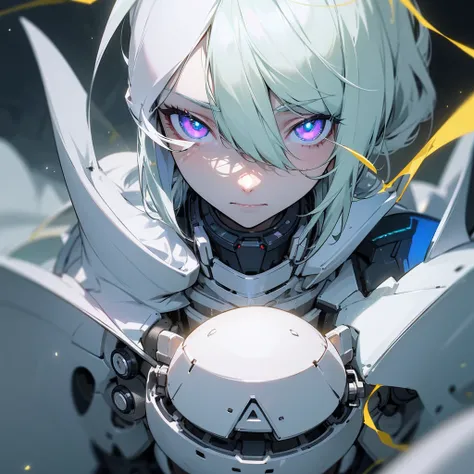 palid male, white lens, robot prosthetics, Neutral Face, lab coat, hexagonal plates on face, glimmering white eyes, anime