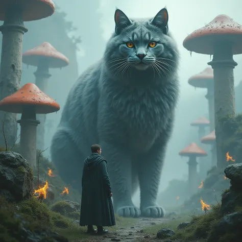  A man behind and a giant gray cat ,  giant mushrooms ,  mystical ambiance , mist , medieval style, epic, flames , 4k