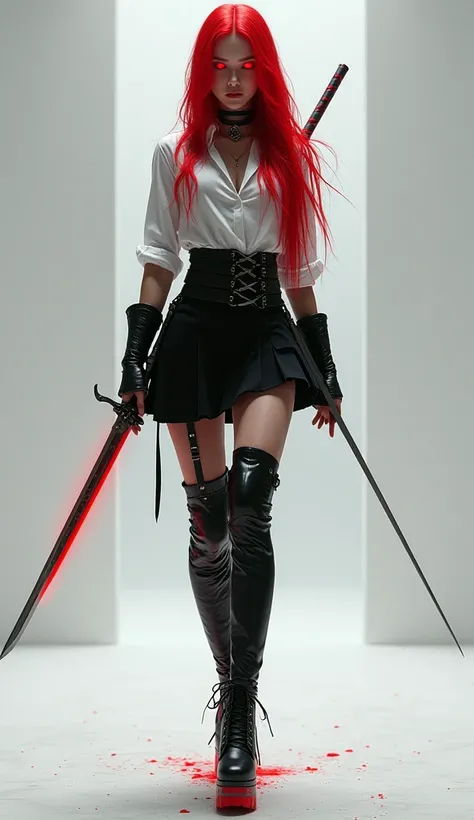 A digital art of a medieval assassin woman with red hair and glowing red eyes is wearing a black mini-skirt with white shirt paired with ultrahigh pole heels