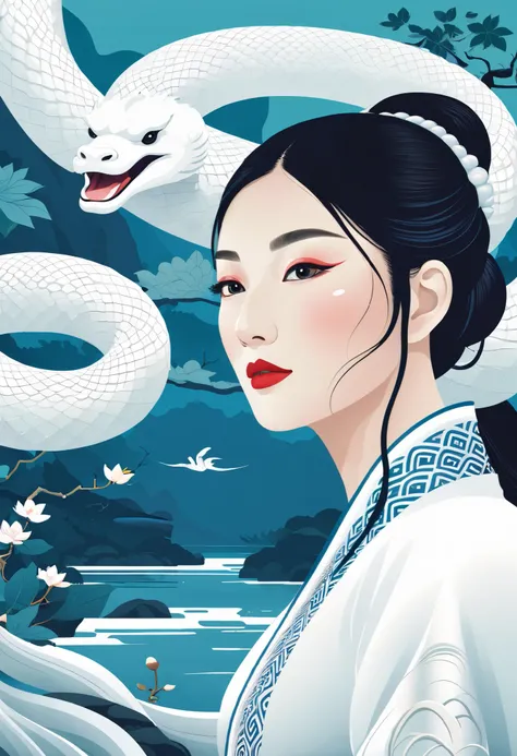 cover page, The Legend of the White Snake, Bai she zhuàn , flat Design, vector illustrations, graphic illustration, detailed 2d illustration, flat illustration, digital illustration, digital artwork,