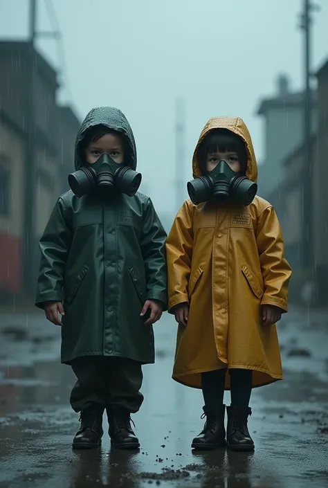 Young boy and girl in gas mask and raincoat while it is raining 