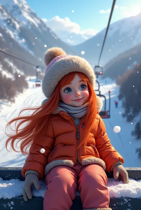  A baby girl with long red hair is on a ski lift at a ski resort. The track is downstairs and it goes up with the chairlift  