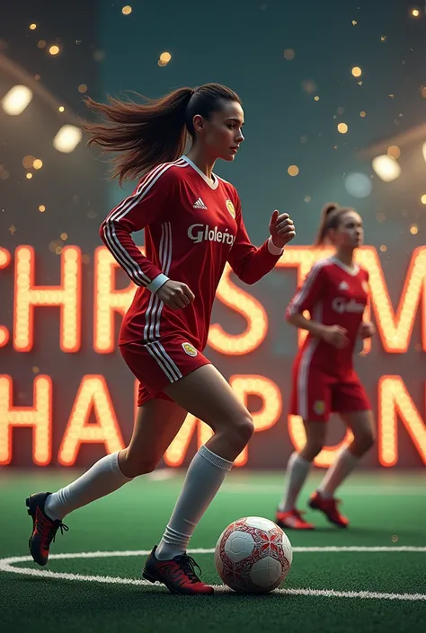 Chic and boy soccer players on a court with a background in Christmas championship letters 