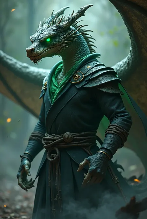 One dragon wearing ninja suit and his eyes shining with green colour 