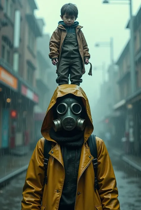 Girl in gas mask and raincoat shot while artificial rain falls and boy on her head