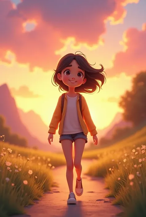 Animated image of the same 15-year-old girl walking with a smile, In the background you can see a sunrise 