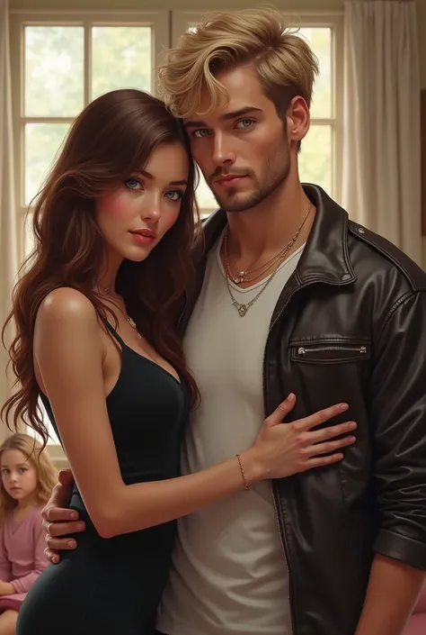 Realistic young woman , brown hair honey eyes ,  dressed in a nice black dress ,  young man with blond and messy hair , short beard dressed in a white t-shirt and leather jacket both looking at a  blonde girl with blue eyes dressed in a pink dress all thre...