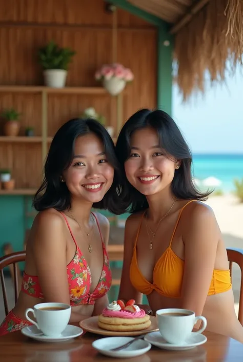 Photo of two 20-year-old females of Indonesian descent at a beach cafe. They have black hair. They are wearing swimsuits. Theyre smiling and sitting chairs on the table near the wooden wall. The sand is light brown. The background contains some ornaments, ...