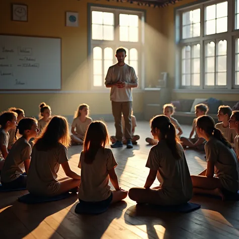  creates an image of a teacher with his students where we can see a space for the cultivation of trust and that we can see companionship, without showing a hierarchy between the teacher and the students in a large group who are in a circle on the floor