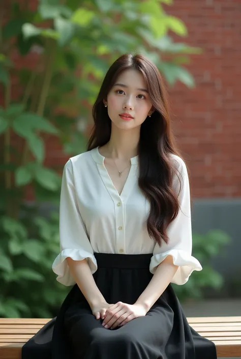 
woman thai Asian sitting outdoors on a wooden bench near a red brick wall. She has long, straight brown hair and is dressed in a white blouse and a black skirt, appearing thoughtful and relaxed. The setting includes soft natural lighting and blurred green...