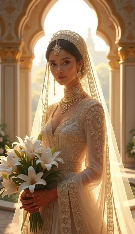 Create an ultra-realistic and stunningly beautiful portrait of Islam personified as a bride. She is adorned in an elegant, intricately designed bridal outfit, inspired by traditional Islamic artistry. Her gown is rich in detail, featuring exquisite gold an...