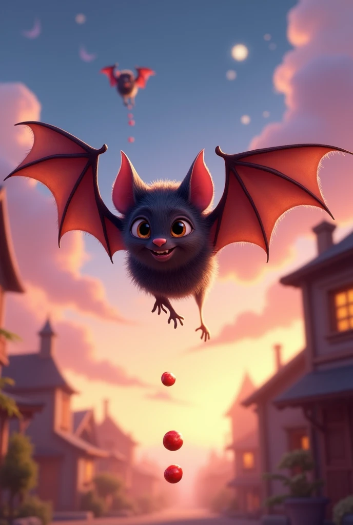 bat flying through the air pooping in peoples mouth, pixar2