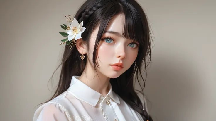 Loli anime girl,  realistic shadows ,   Detailed Skin ,  Very Small  ,  dark haired,  Very Detailed , 8k high-detail facial ,  perfect facial contouring , Full, perfect lips, Perfect nose, Beautiful eyes,  Watch viewers ,  White Shirt , Hair Flower, master...