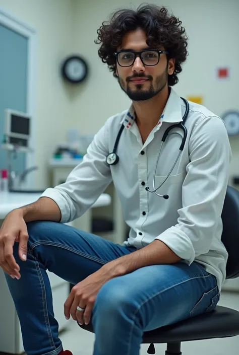 A handsome 20-year-old Indian man, with curly hair, sits in a doctors chamber. Black glasses, blue jeans, red shoes.