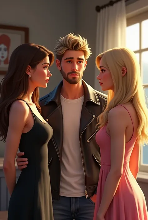 Realistic young woman , brown hair honey eyes ,  dressed in a nice black dress ,  young man with blond and messy hair , short beard dressed in a white t-shirt and leather jacket both looking at a  blonde girl with blue eyes dressed in a pink dress the thre...