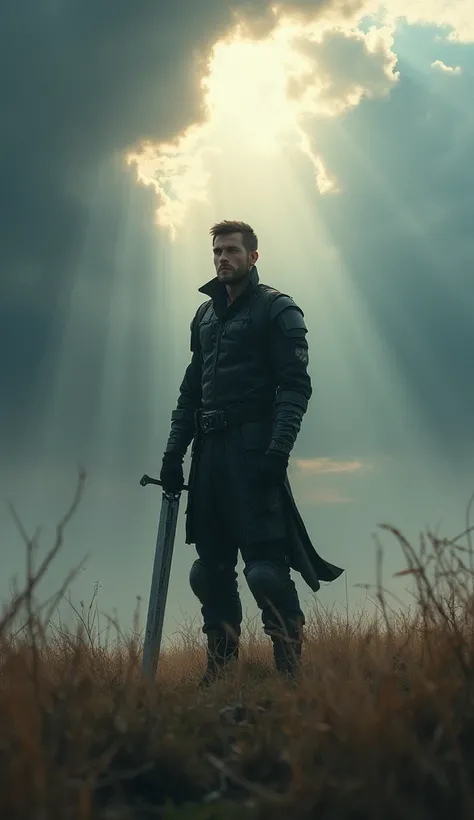 A warrior in modern attire holding a shining sword, symbolizing courage, standing alone in a stormy field with rays of sunlight breaking through the clouds.
