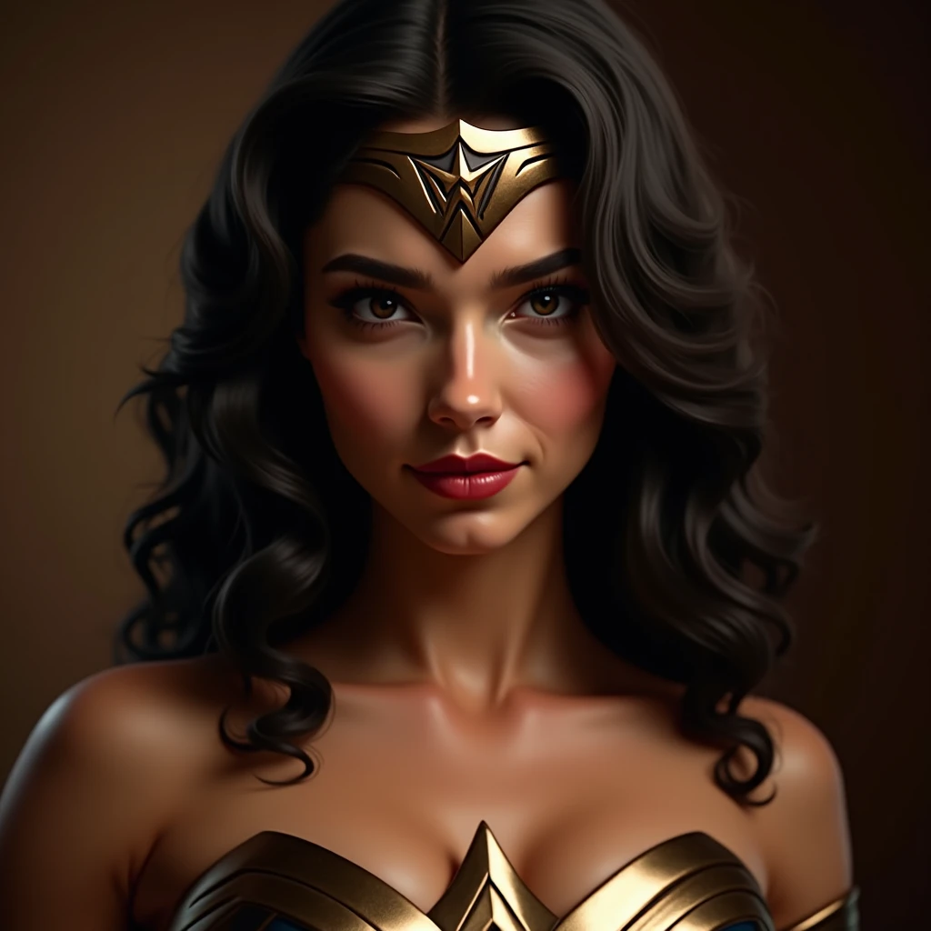 photorealist closeup of wonder woman wearing a tiara,  soft brown background, dim linghting