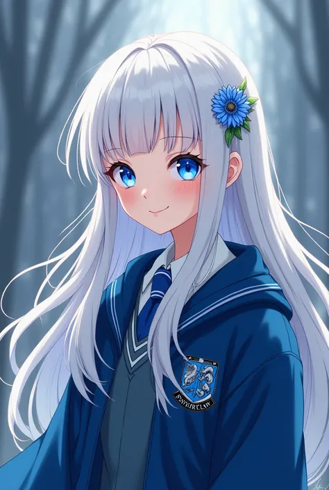 A teenager with snow-white hair,,  deep blue eyes and pale skin , with a light smile and wearing the Hogwarts Ravenclaw house uniform,  anime style.