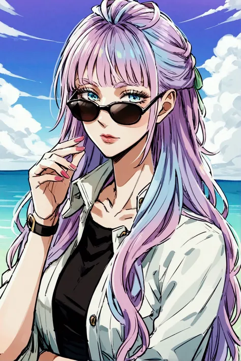 Gojo satoru with more long hair and using his sunglasses